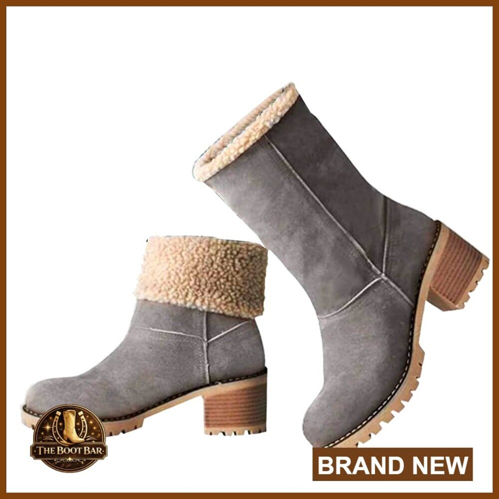 Slip On Ankle Boots Mid Chunky Heel Faux Suede Winter Snow Waterproof